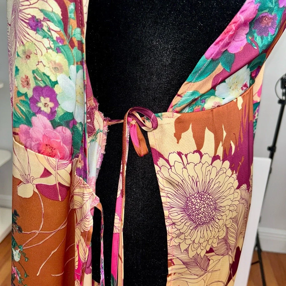 Lulus Floral Wrap Maxi Dress – Multicolor Silk Satin Feel (Size S) - Picture 7 of 9